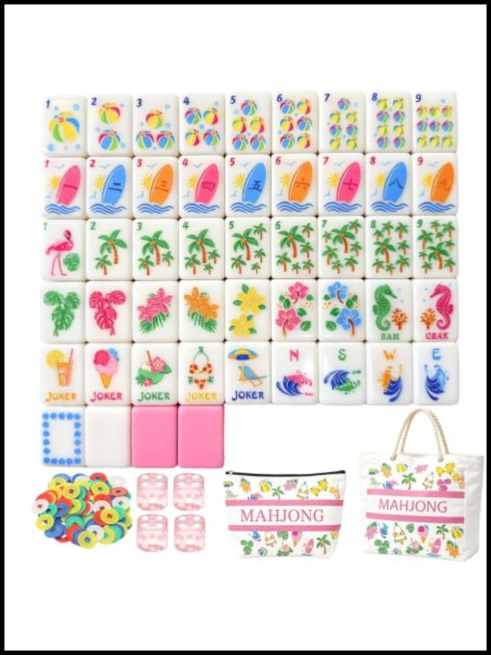 Melamine Mahjong Tile Set - 160 Tiles with Bag Chips Dice